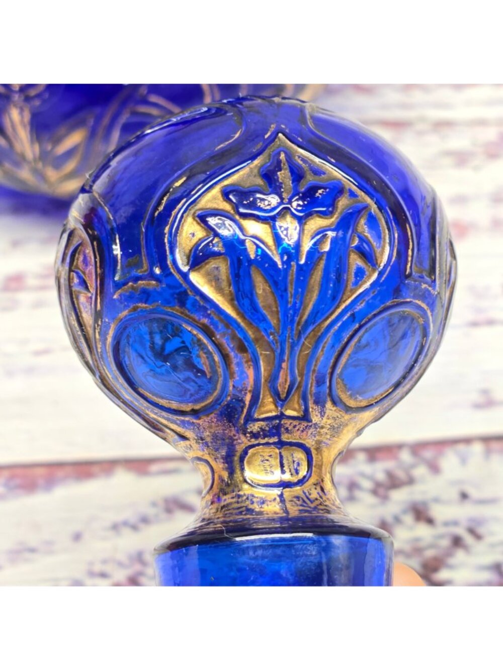Vintage Cobalt Blue bohemian glass perfume bottle Hand-Painted Gold Floral - Picture 13 of 16